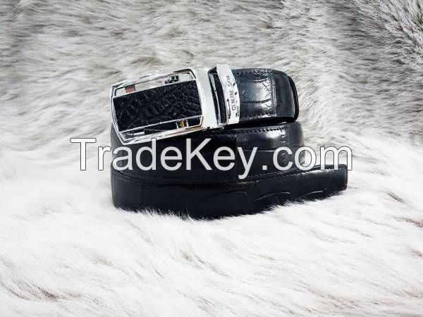 Genuine Belly Crocodile Leather Belt. Black Crocodile Belt. Siamensis Crocodile. Automatic Buckle. Made in Thailand