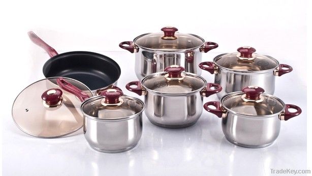 Red color flower handles 12 pcs cookware set (WW-C041A)