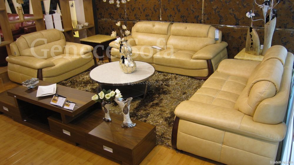 Middle Thick Top Grain Cow Leather Sofa Set, Wooden Base Furniture