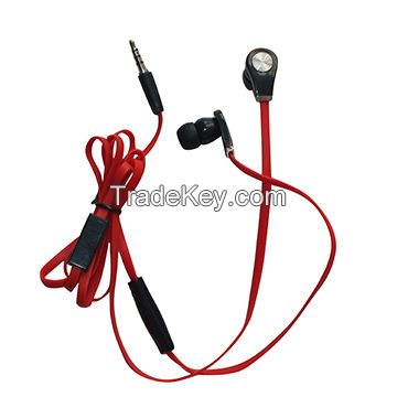 Mobile phone earphone, with mic, flat PVC wire, plastic mic and in-ear ear, high quality, good price