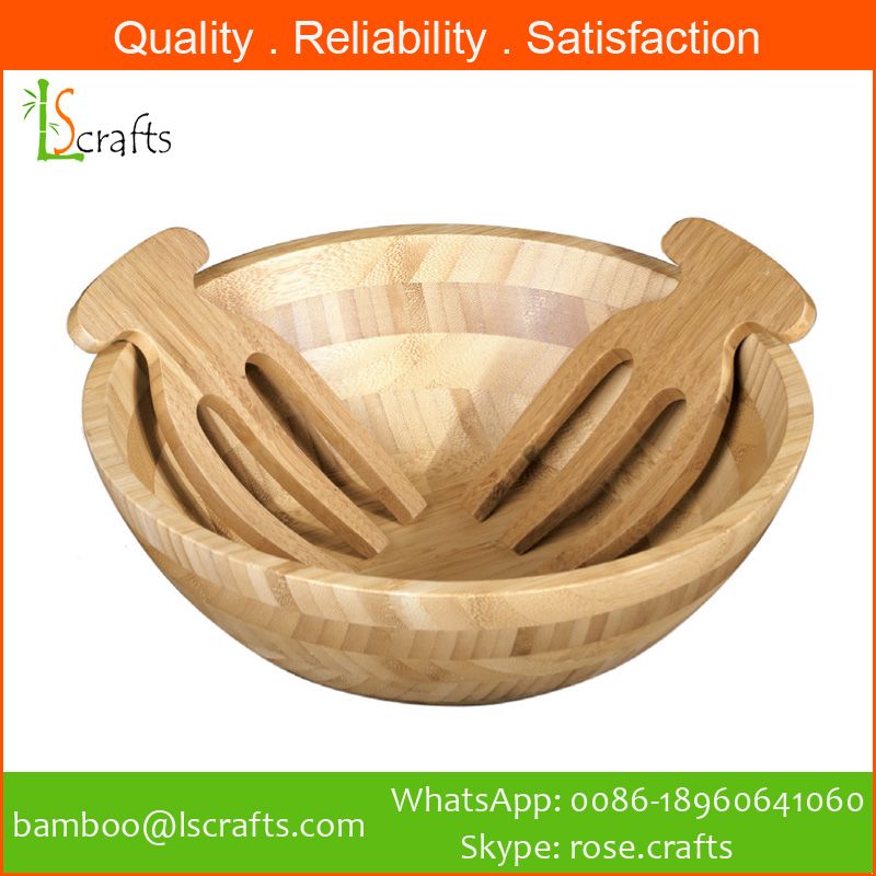 Bamboo Salad Bowl With Salad Hands