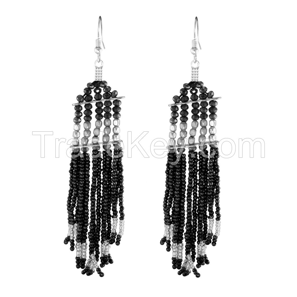 Trendy Fashionable Alloy Metal Black Silver Bead Tassel Drop Earrings (1 Pair)