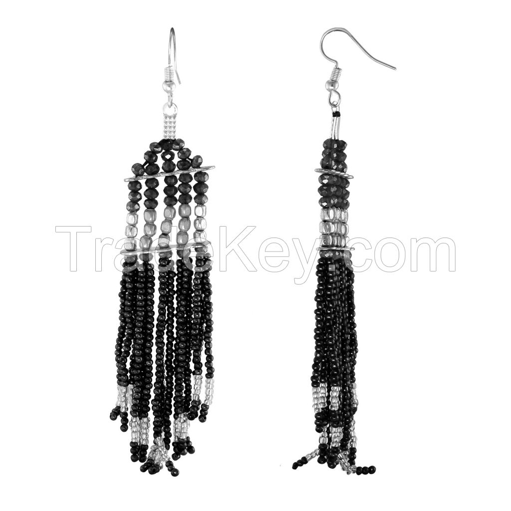 Trendy Fashionable Alloy Metal Black Silver Bead Tassel Drop Earrings (1 Pair)