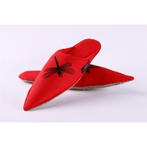 Red slippers, embroidered with beautiful ornaments of the dragonfly