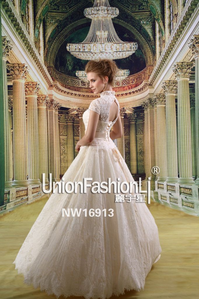 China custom made Hot selling elegant dresses for bride organza fabric wedding dress high ruffle collar design 2015