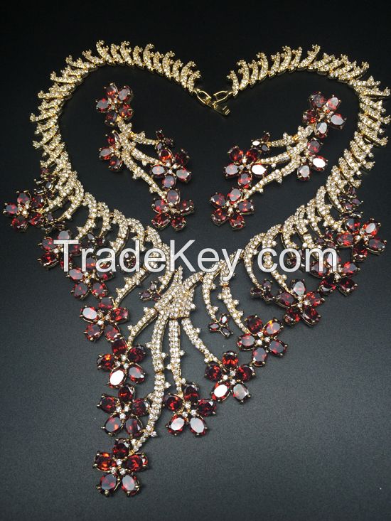 2016 new fashion luxury crystal pink red zircon necklace jewelry set