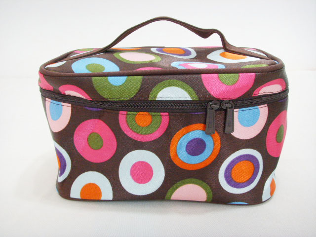 Big Size Women&#039;s Cosmetic Bag. Ellipse Shape Coffee Base Colorful Circ