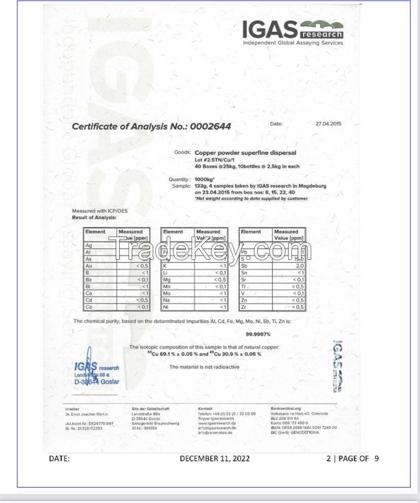 Copper Powder 99,9997 %purity, Isotope