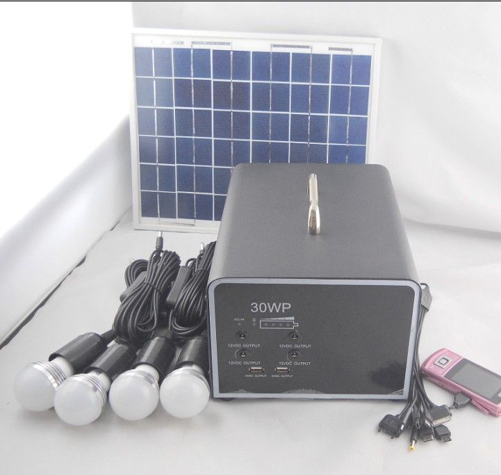 2014 Hot Selling Home Solar System 30W Solar Panel Lighting Kits with mobile phone chargers