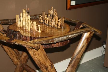 ONE OF KIND HAND CARVED CHESS SET with STAND and STOOLS