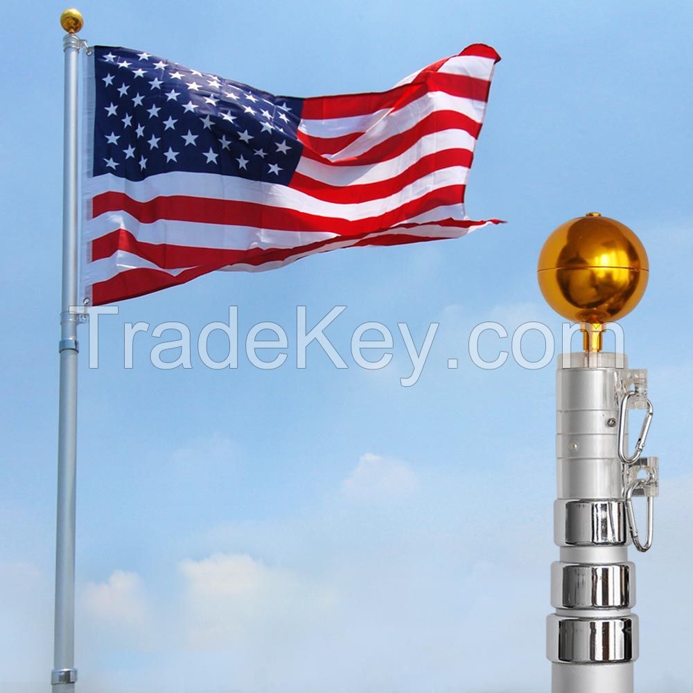 16Ft Telescoping Flagpole w/ 3x5&#039;  Flag Kit Outdoor Gold Ball Aluminum