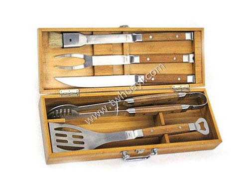 5pcs Stainless Steel BBQ Tools Set w/Bamboo Handle