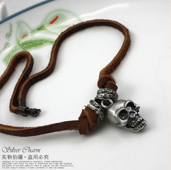 Genuine leather Skull necklace JM2188+Free Cutom Logo+Free Shipping