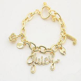 Crystal gold letters & crown pendant chain bracelets