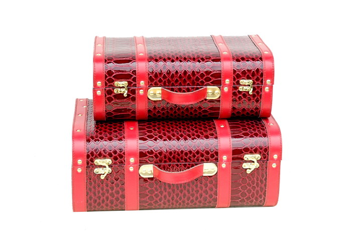Red faux leather wooden storage case