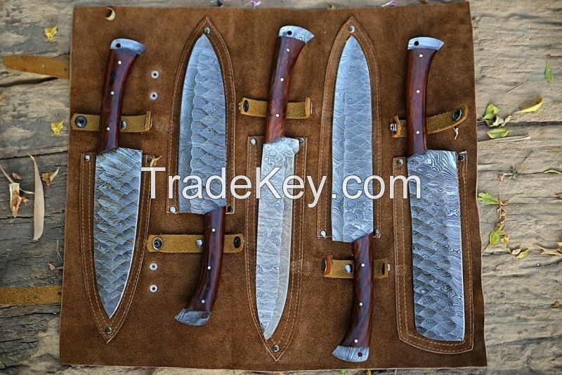 Hand forged Damascus steel kitchen knife Chef set cooking knife Japanese knife with Leather Roll kit