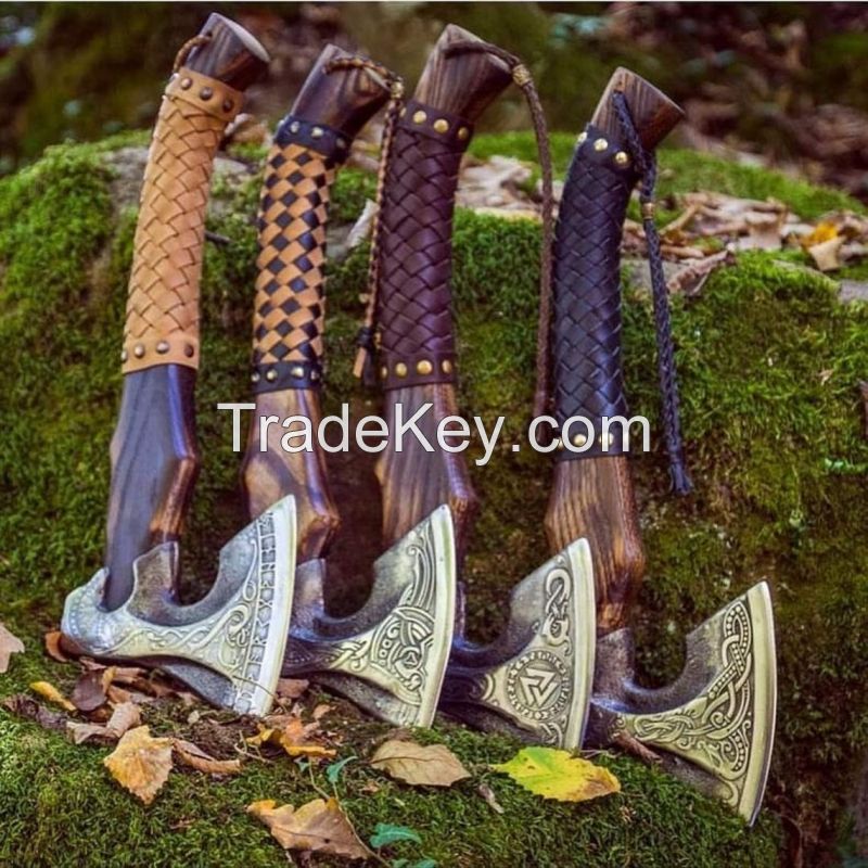 High Carbon Steel Viking Axe Hand Forged, Hand Made Etched Axe, Wood Handle With Leather Sheath