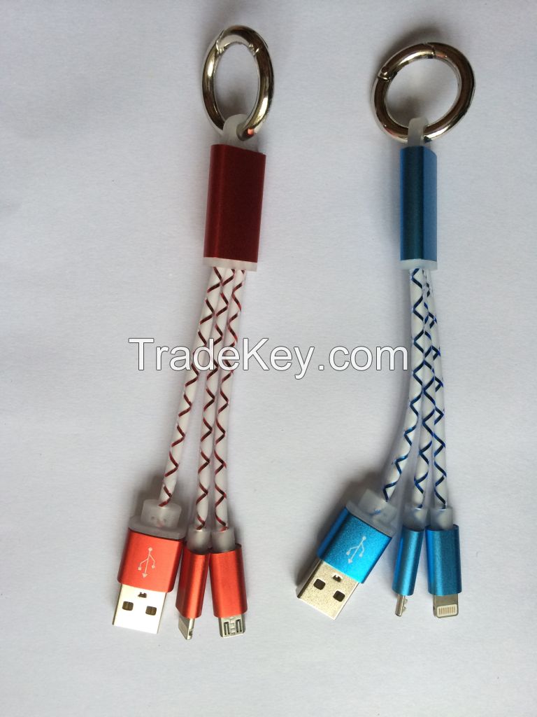 Colorful Key Chain 3 in 1 USB Cables, 13cm mutifunction Metal USB cable
