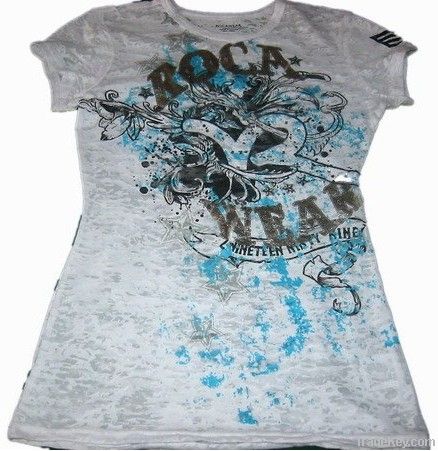 lady's burn out cotton printing t-shirt