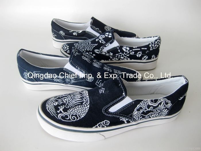unisex China national style printed navy cotton fabric casual deckshoe