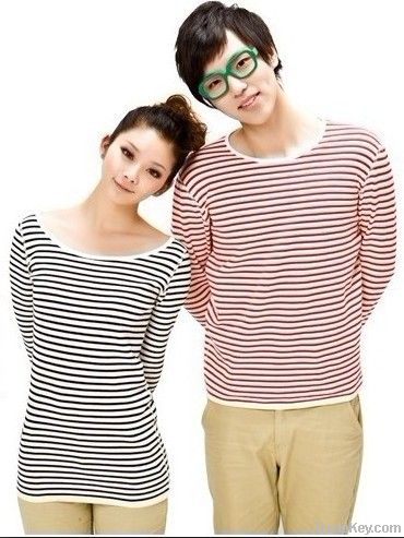 2012 double sided wear couple long striped t-shirt
