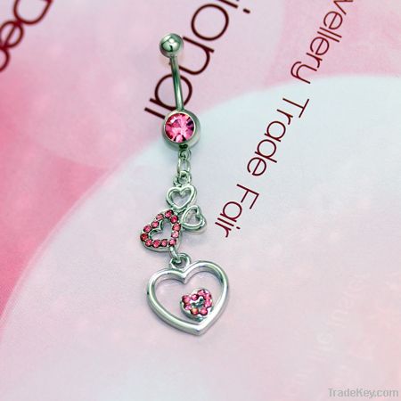 Pink Rhinestone Studded Dangled Heart Shape Belly Button Ring