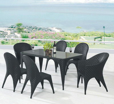 Black rattan wicker dining table, dining chairs with cushion