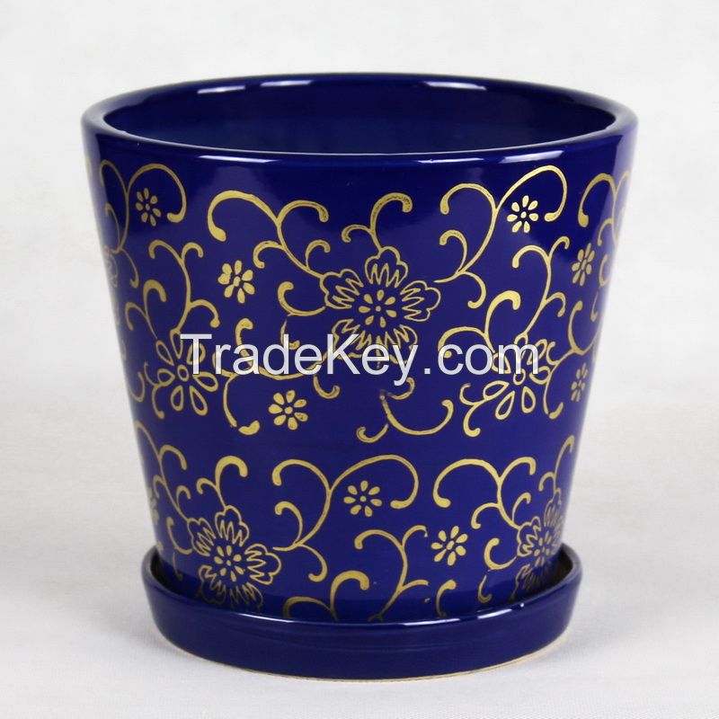 small ceramic flower pot 001 with golden flower
