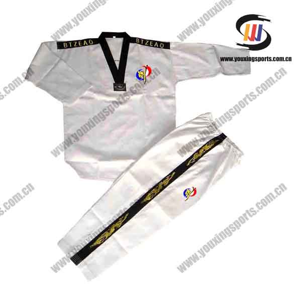 black v-collar white ribbed taekwondo uniforms with strips