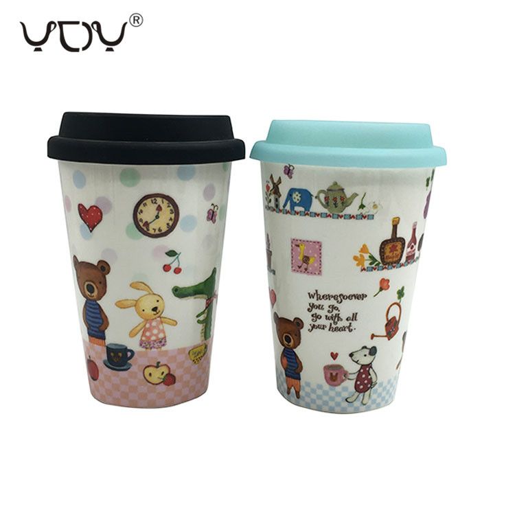 Gift Box Packing Ceramic Double Wall Coffee Travel Mug Cup With Silicone Lid