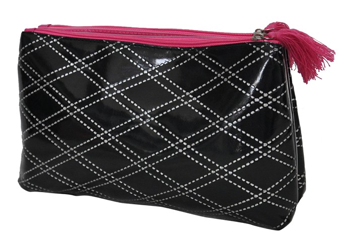 black cosmetic bag with crimson tassels and silver blings