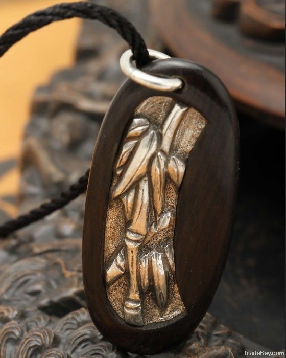 chinese style sterling silver necklace wood pendant