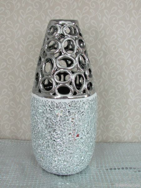 ceramic silver vase w/glass on surface