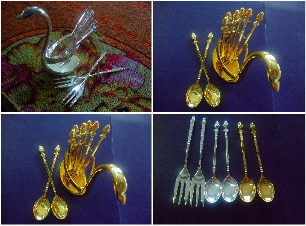 silver-plated Swan shape tray and spoons