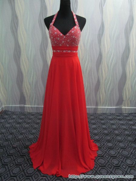 Elegant Red Sexy V-neck Beaded Rhinestone Crystal Floor Length A-line Beautiful Chiffon Evening dress  Party dress
