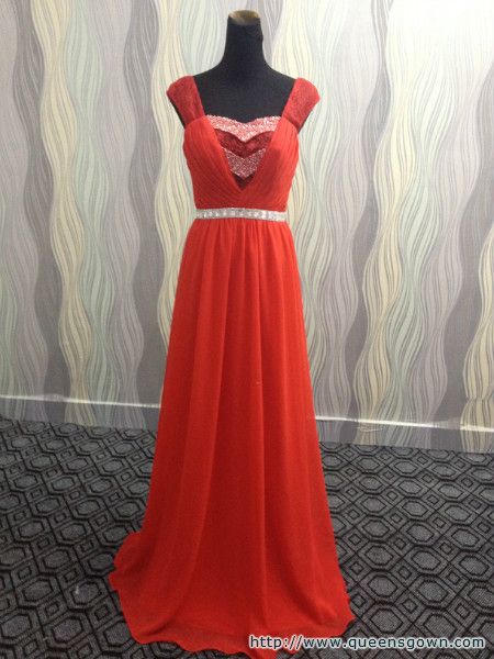 Elegant Red Lace Beaded Sleeveless Floor Length A-line Chiffon Evening dress