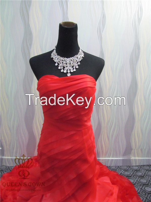 Material red organza bridal wedding dress, tailored factory outlets