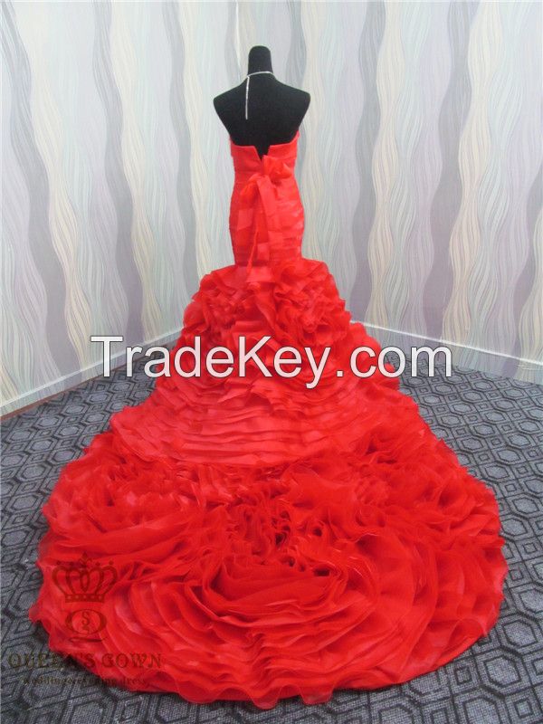 Material red organza bridal wedding dress, tailored factory outlets