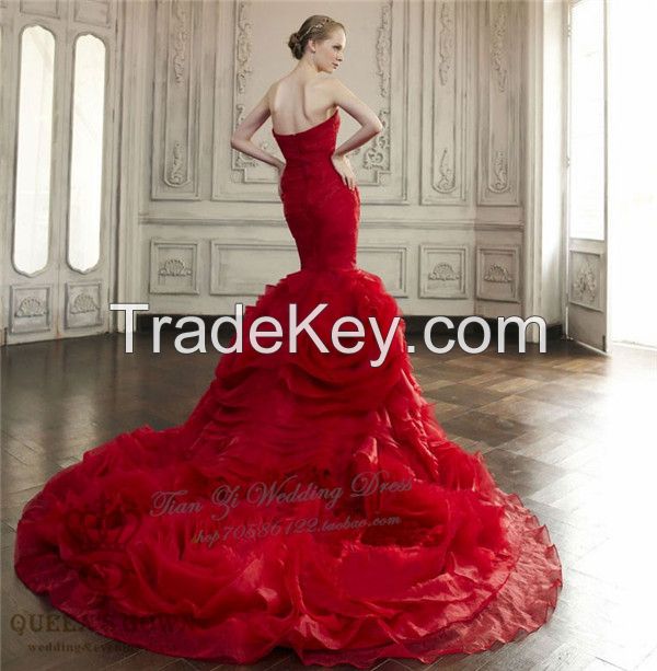Material red organza bridal wedding dress, tailored factory outlets
