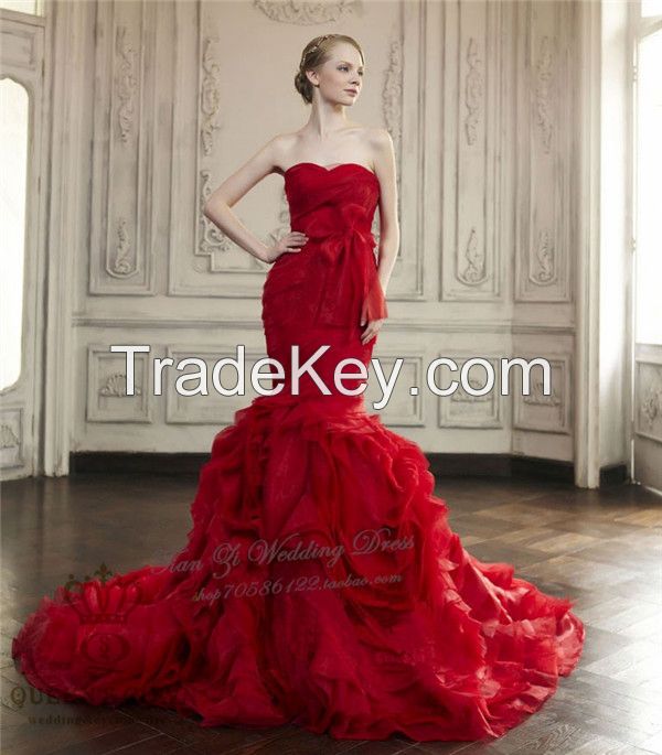 Material red organza bridal wedding dress, tailored factory outlets