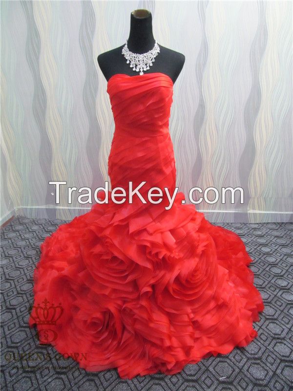 Material red organza bridal wedding dress, tailored factory outlets