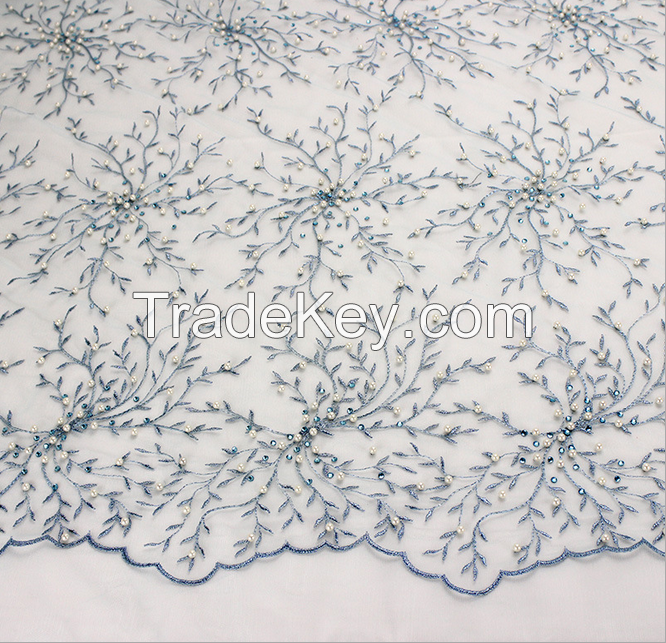 Gorgeous blue embroidered beaded African net French lace Swiss lace fabric 