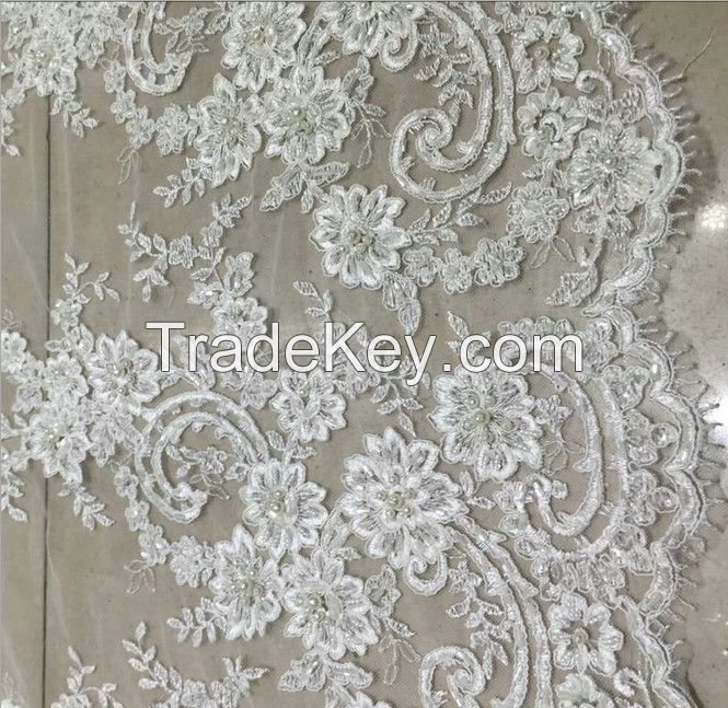 52" Ivory  Beaded and Sequins embroidered Bridal Cord Wedding Dress French Embroidery Lace Embroidery Fabric Lace