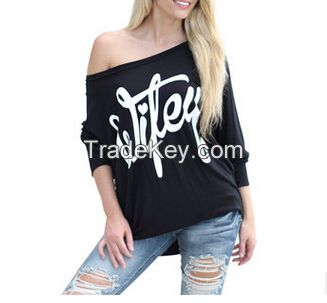 Fashion woman off shoulder printed t-shirt in cotton