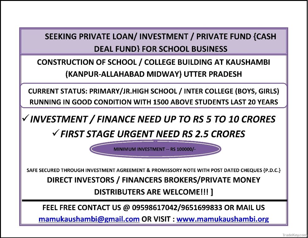 SEEKING PRIVATE LOAN/ INVESTMENT / PRIVATE FUND {CASH DEAL FUND} FOR S