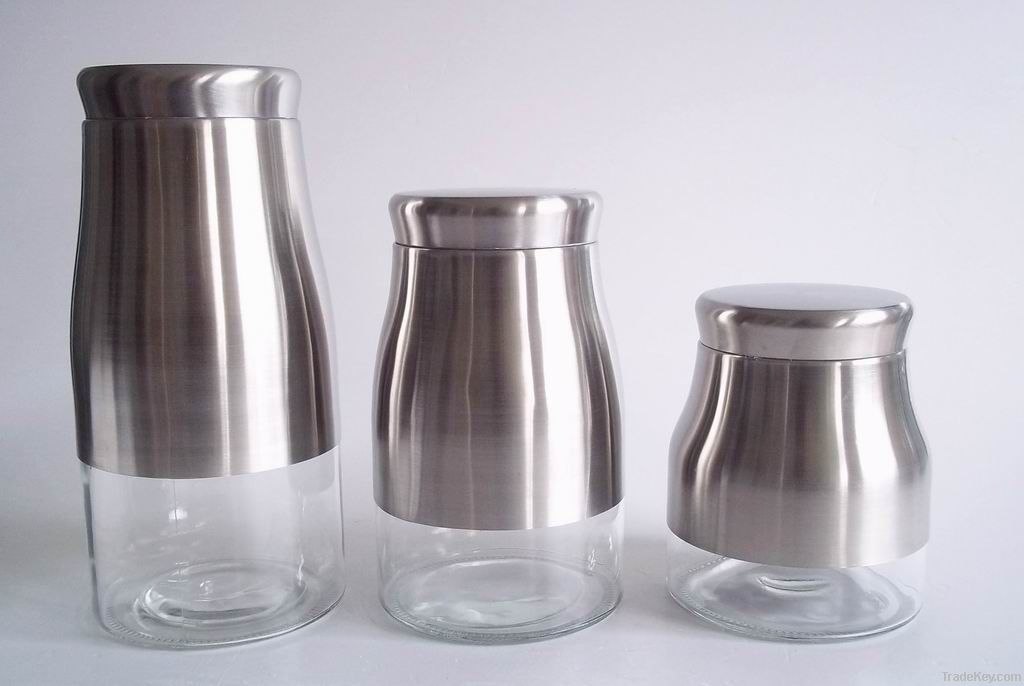 3pcs set glass storage jar with metal lid and coating