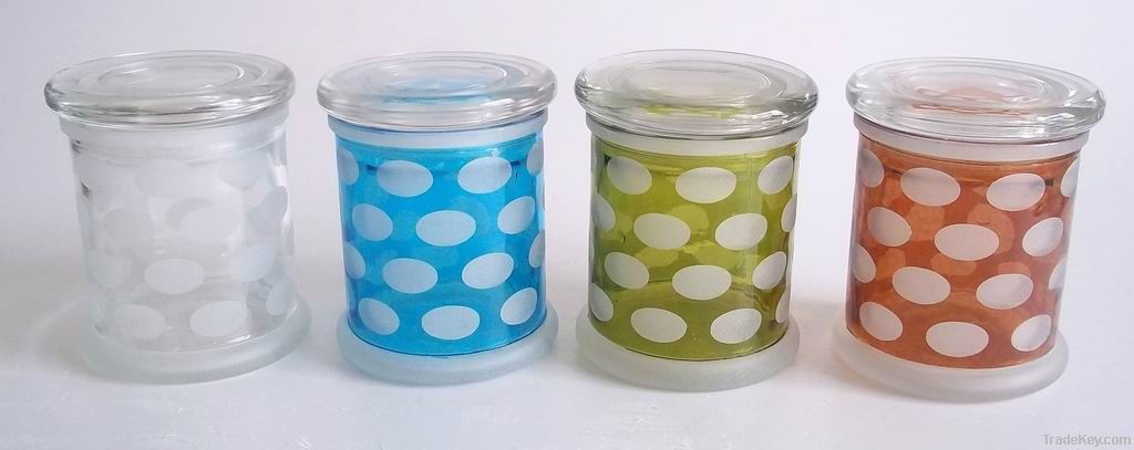 four color sets glass storage jar with glass lid and decal printing
