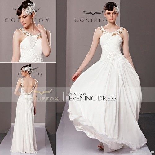 Coniefox White Round Neck With Open Back Dresses Evening Gown 81236