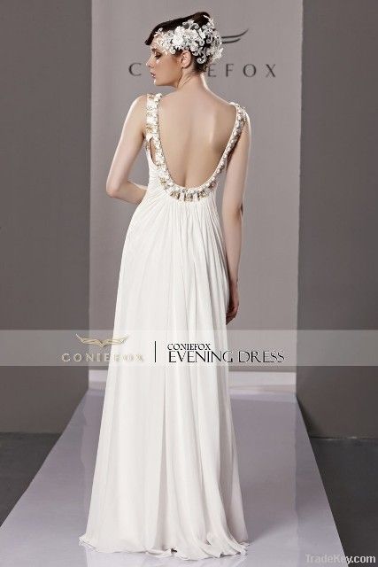 Coniefox White Round Neck With Open Back Dresses Evening Gown 81236