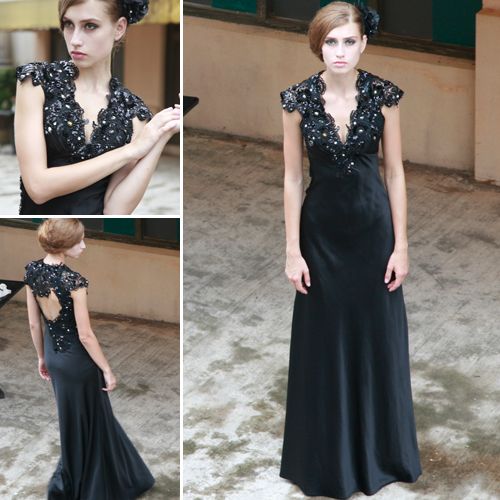 CONIEFOX Black Deep V Cap Sleeve Beaded Floor Length Western Evening Dress 80530